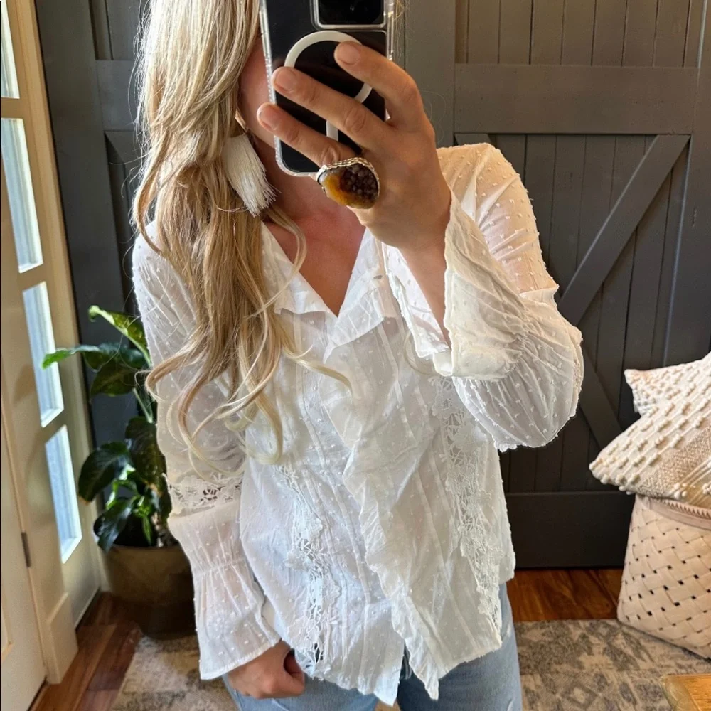 New Swiss Dot Cotton Lace Long Sleeve Button Front Romantic Blouse Top Shirt - Picture 5 of 7